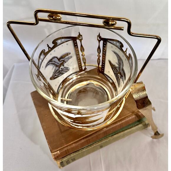 Vintage Glass Ice Bucket Gold Eagle pattern Gold holder and tongs - Picture 5 of 10